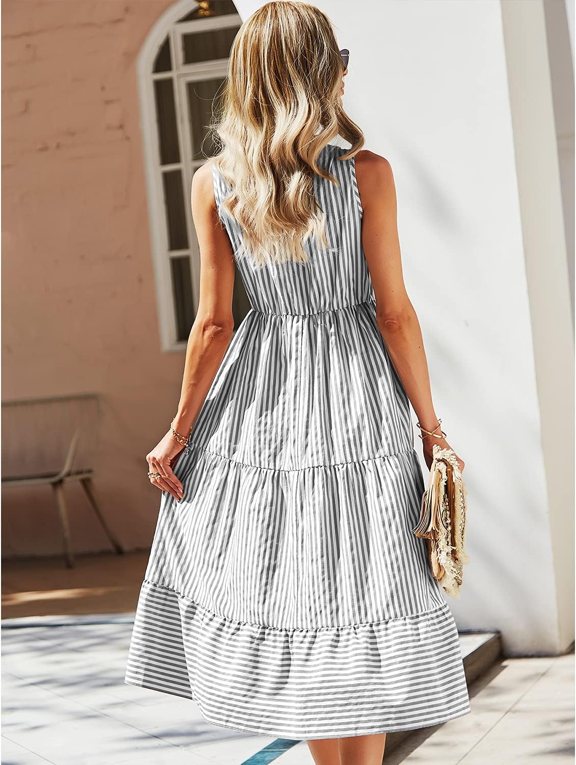 Claire Robe Chemise Midi Femme – Robe Rayée Sans Manches Col V Boutonnée Élégante
