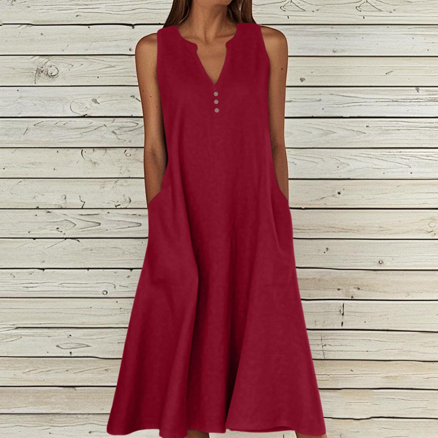 Camille Robe Femme – Robe Maxi Lin Col V Sans Manches Boutonnée Poches Été