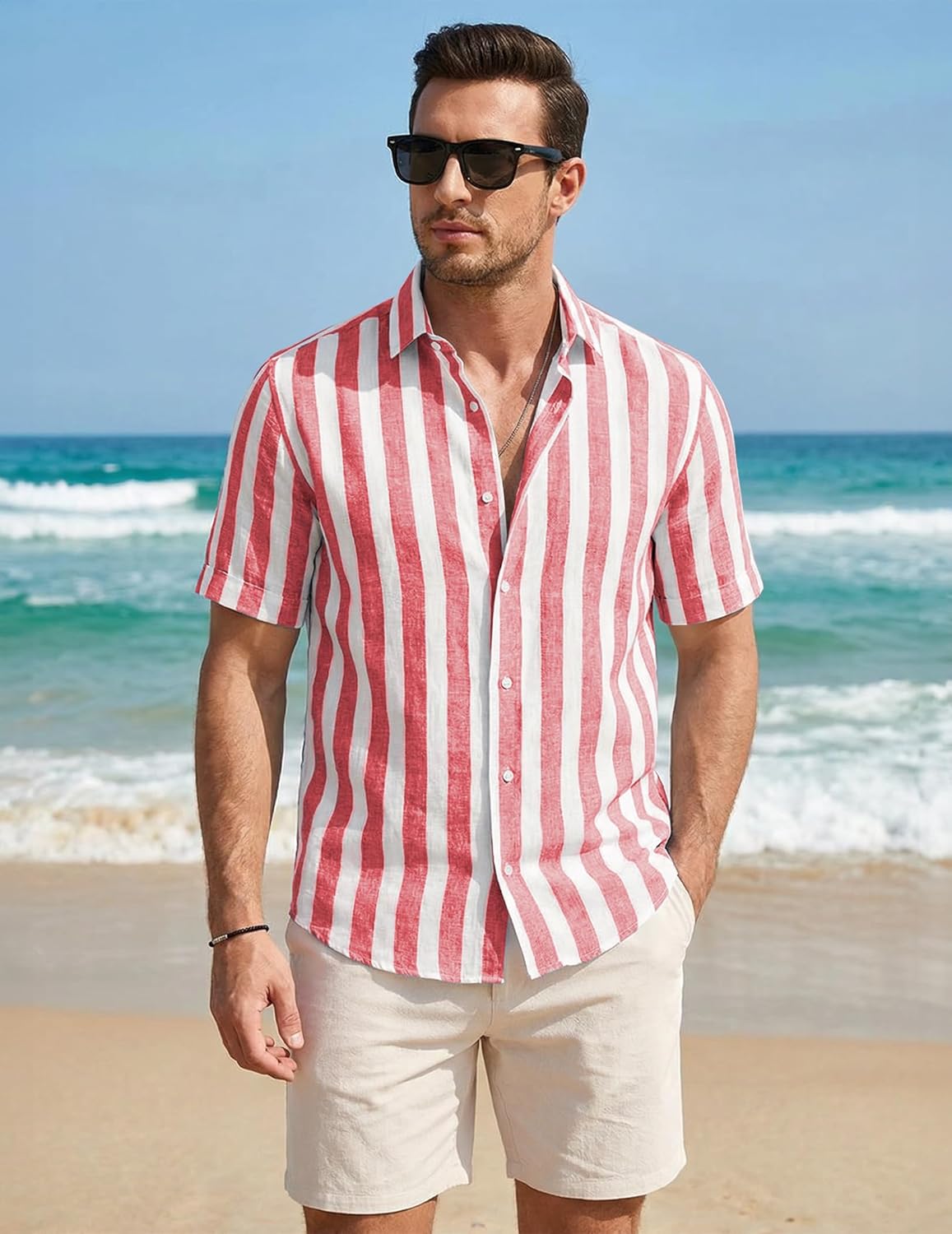 Julien Chemise Homme – Chemise Rayée Manches Courtes, Style Été Casual Chic