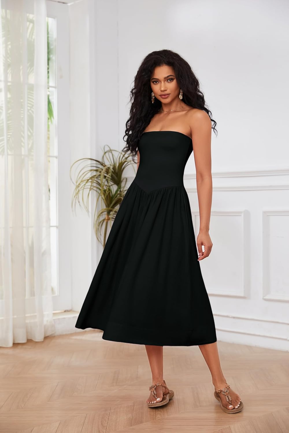 Lina Robe Midi Femme – Robe Bustier Sans Manches Taille Basse A-Line Été Chic