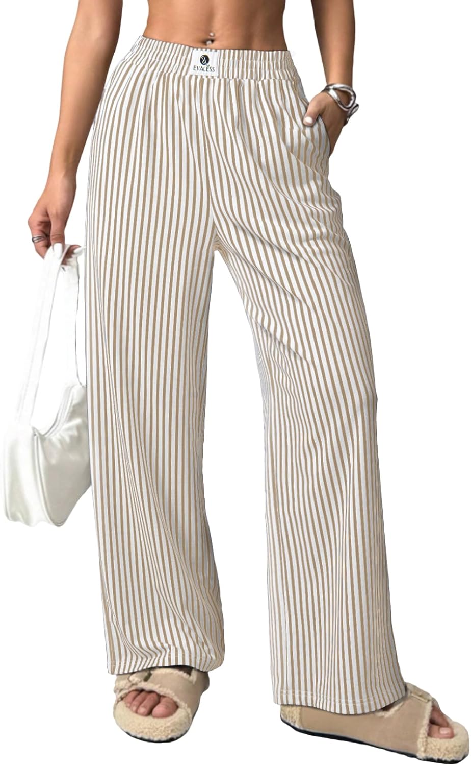 Verna Pantalón Mujer Rayado – Corte Amplio Fluido, Cintura Alta Elástica Lounge Verano