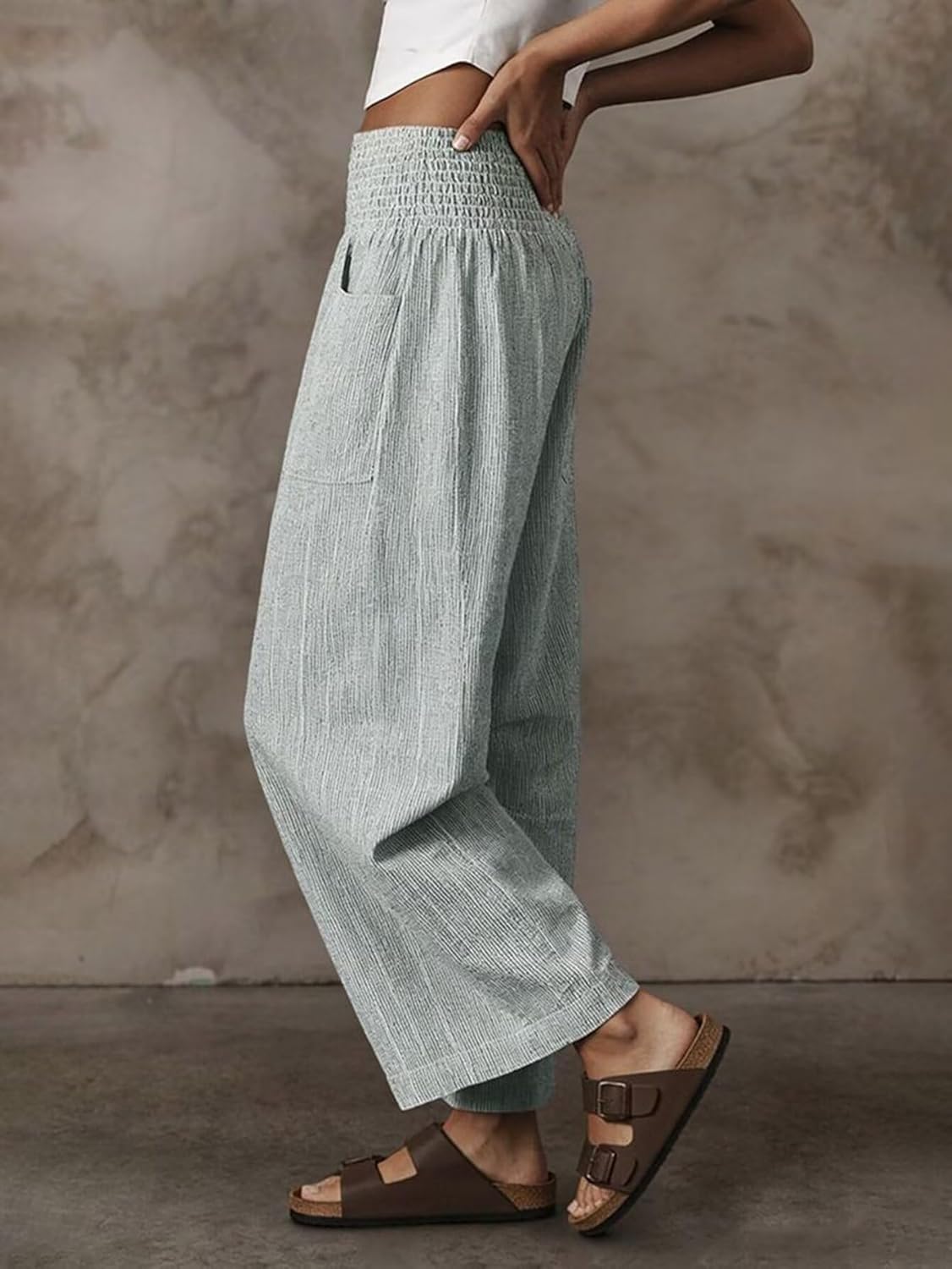 Wella Pantalon Femme Barrel – Coupe Large, Taille Haute Smockée, Casual Chic Été