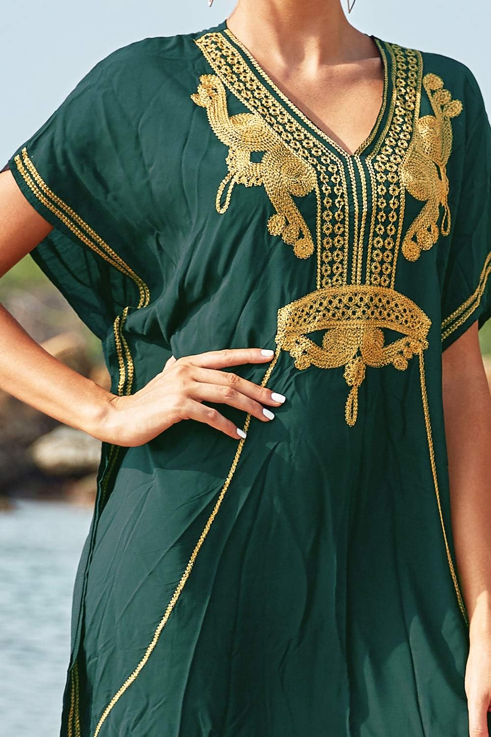 Solea Kaftan-kjole til kvinder – Broderet boheme strandkjole, let og luftig, stor størrelse, sommer cover-up