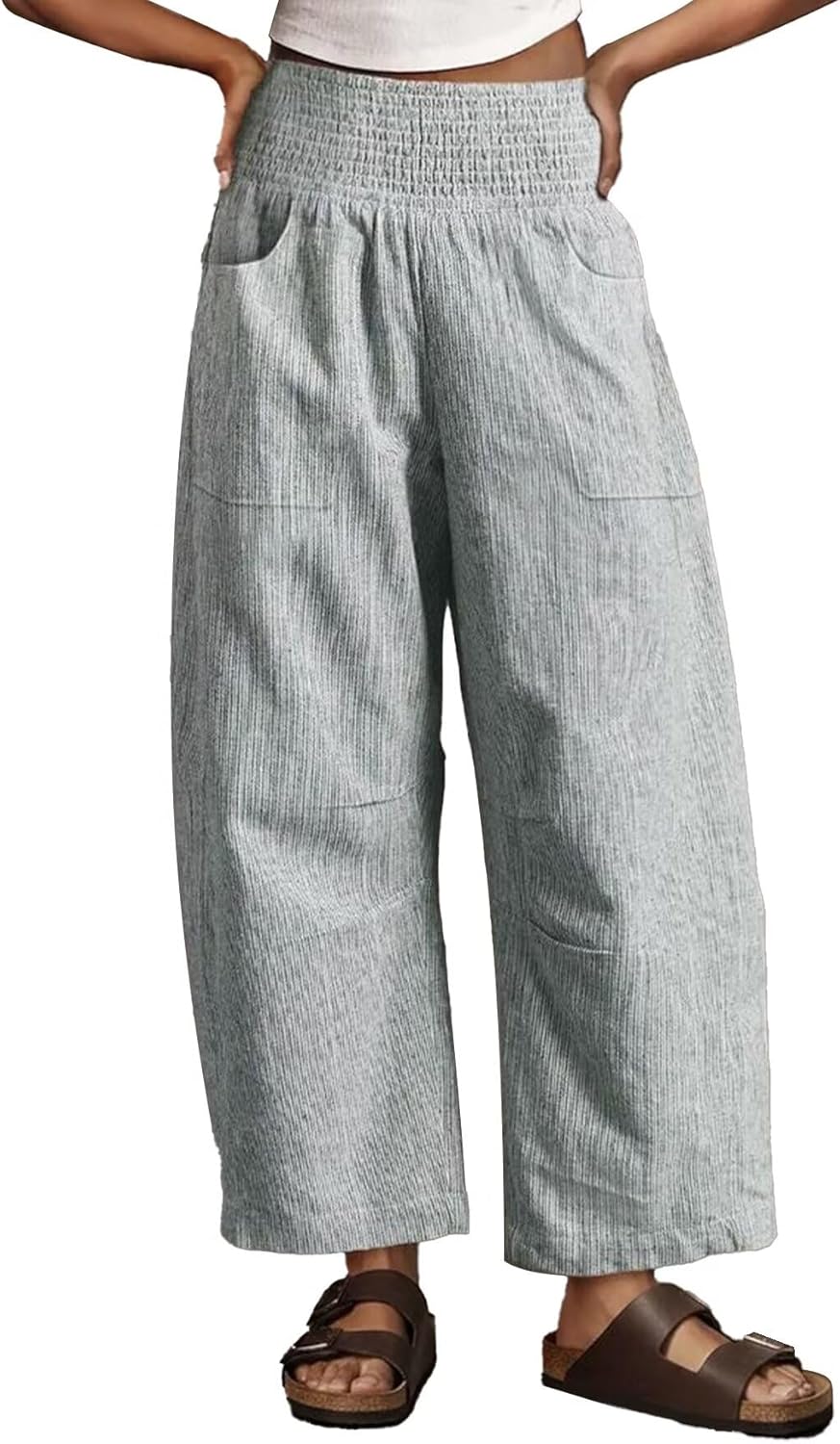 Wella Pantalon Femme Barrel – Coupe Large, Taille Haute Smockée, Casual Chic Été