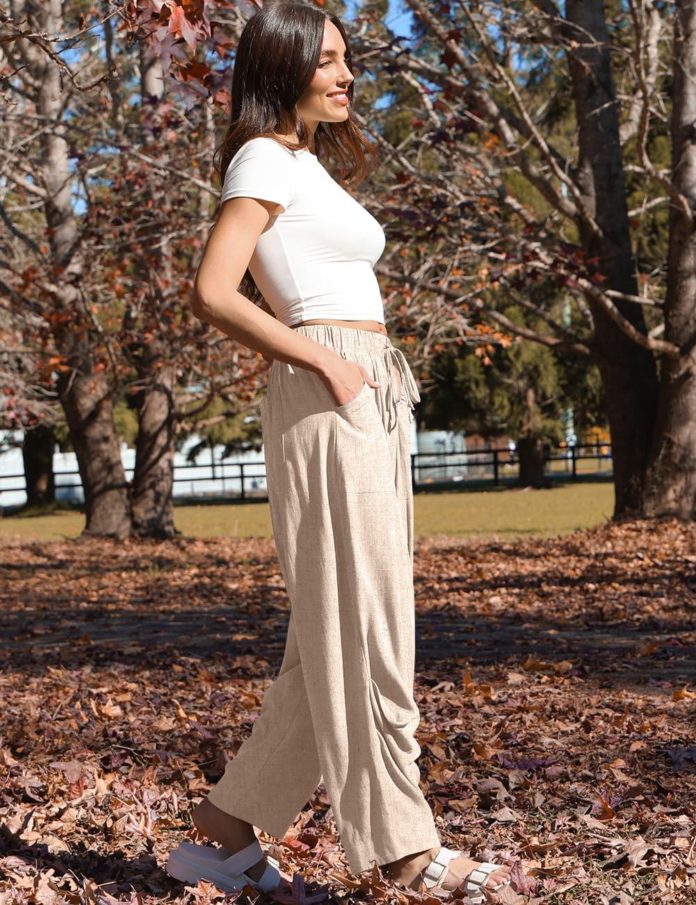 Mercedes Pantalon Femme Lin Harem – Coupe Large, Taille Élastique, Style Décontracté