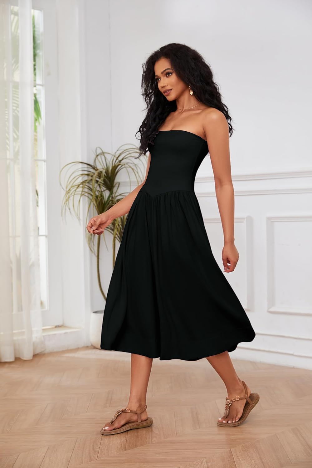 Lina Robe Midi Femme – Robe Bustier Sans Manches Taille Basse A-Line Été Chic