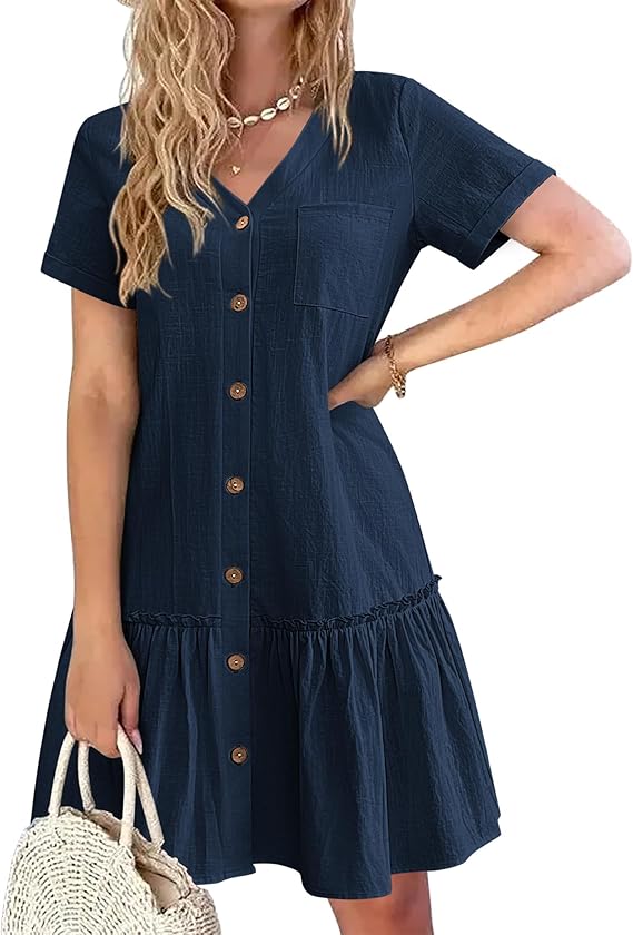 Tianka Damekjole – Bomuld & Hør, V-hals & Løs Knappet Sommer Elegant