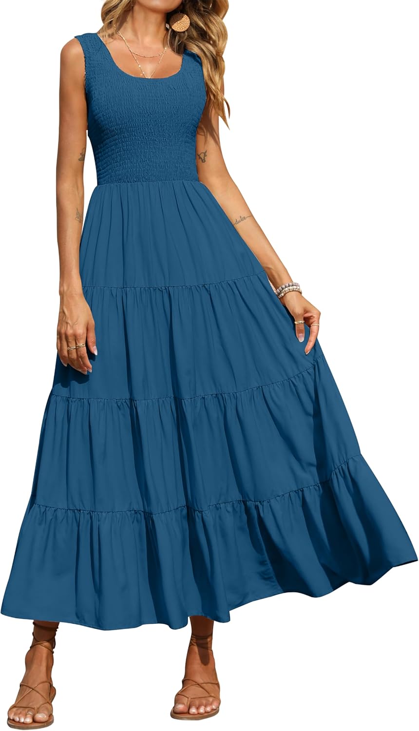 Élina Robe Maxi Femme – Robe Smockée Sans Manches Coupe A-Line Été Bohème