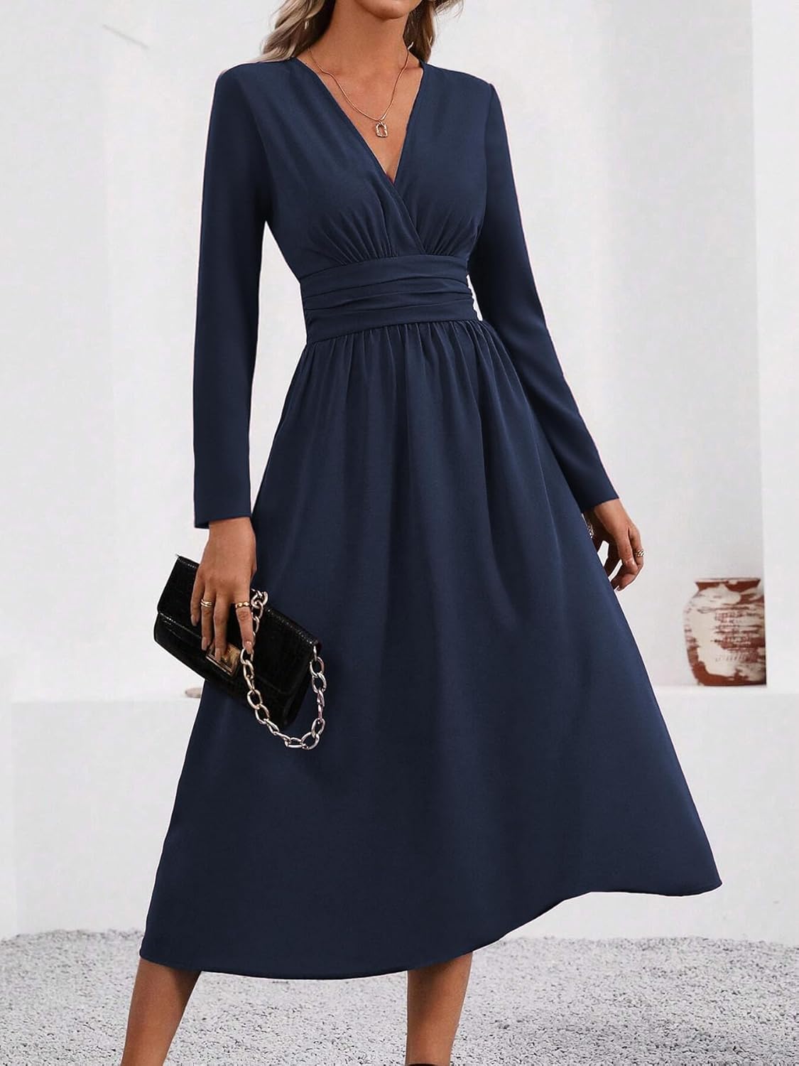Isabelle Robe Maxi Femme – Robe Col V Cache-Cœur Manches Longues Élégante