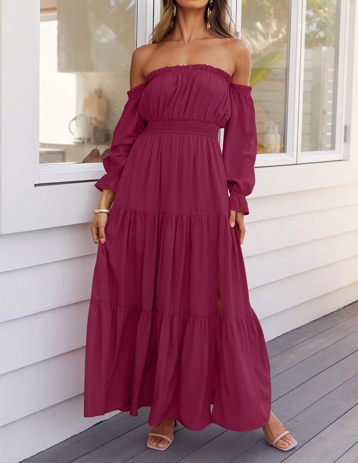 Sophie Robe Maxi Femme – Robe Bohème Épaules Dénudées Fendue Taille Smockée