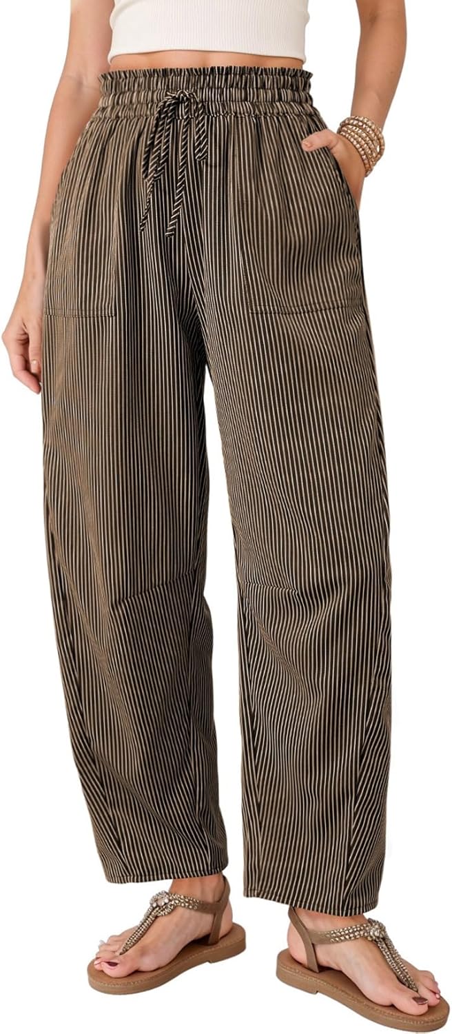 Pantalón Inès para mujer – Pantalón Barrel a rayas de talle alto y cordón para verano