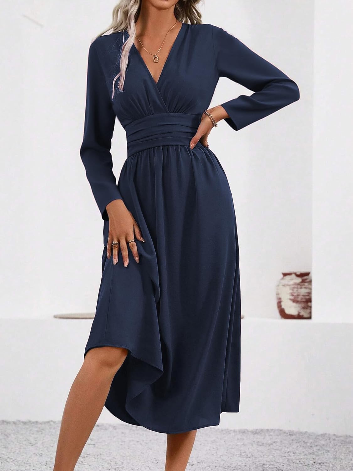 Isabelle Robe Maxi Femme – Robe Col V Cache-Cœur Manches Longues Élégante