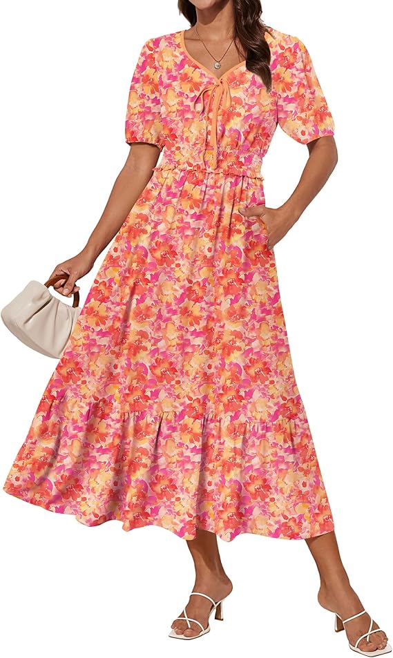 Tasha Kjole Midi Dame – V-udskæring, Smocktalje & Elegant A-linje Sommer