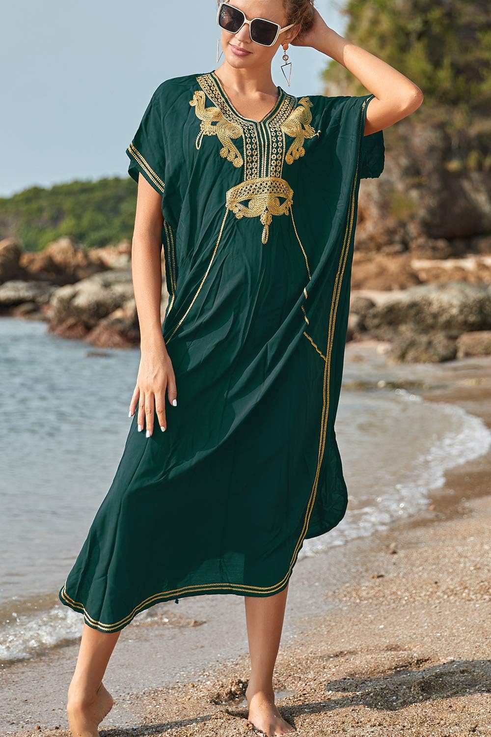 Solea Kaftan-kjole til kvinder – Broderet boheme strandkjole, let og luftig, stor størrelse, sommer cover-up