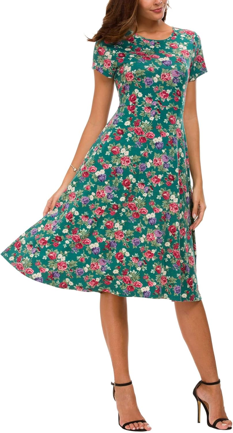 Léonie Robe Midi Fleurie Femme – Robe Évasée Manches Courtes Col Rond Été