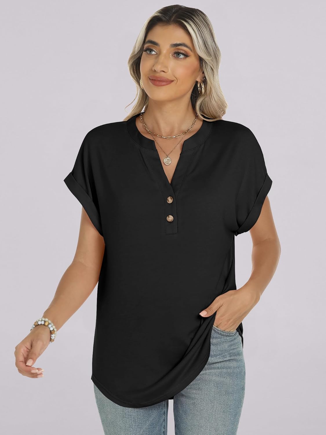 Manon Top Femme – Μπλούζα Henley με V λαιμόκοψη και κουμπιά, Αέρινη κομψή casual καλοκαιρινή γραμμή