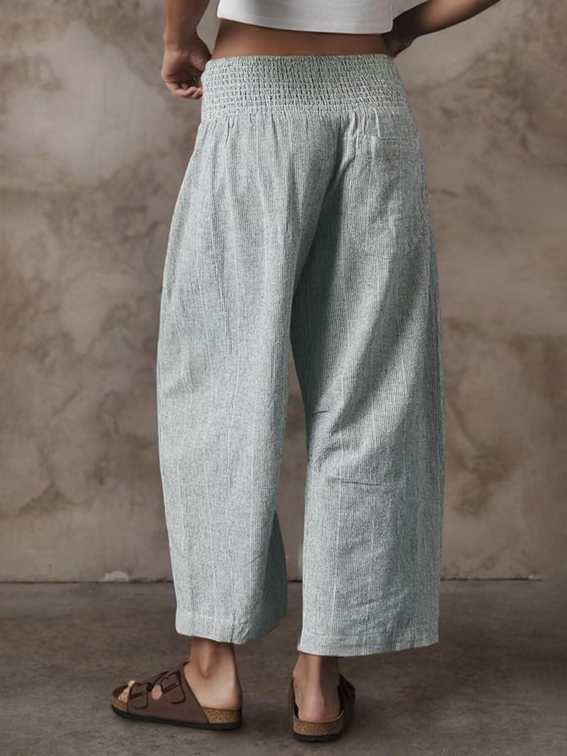 Wella Pantalon Femme Barrel – Coupe Large, Taille Haute Smockée, Casual Chic Été