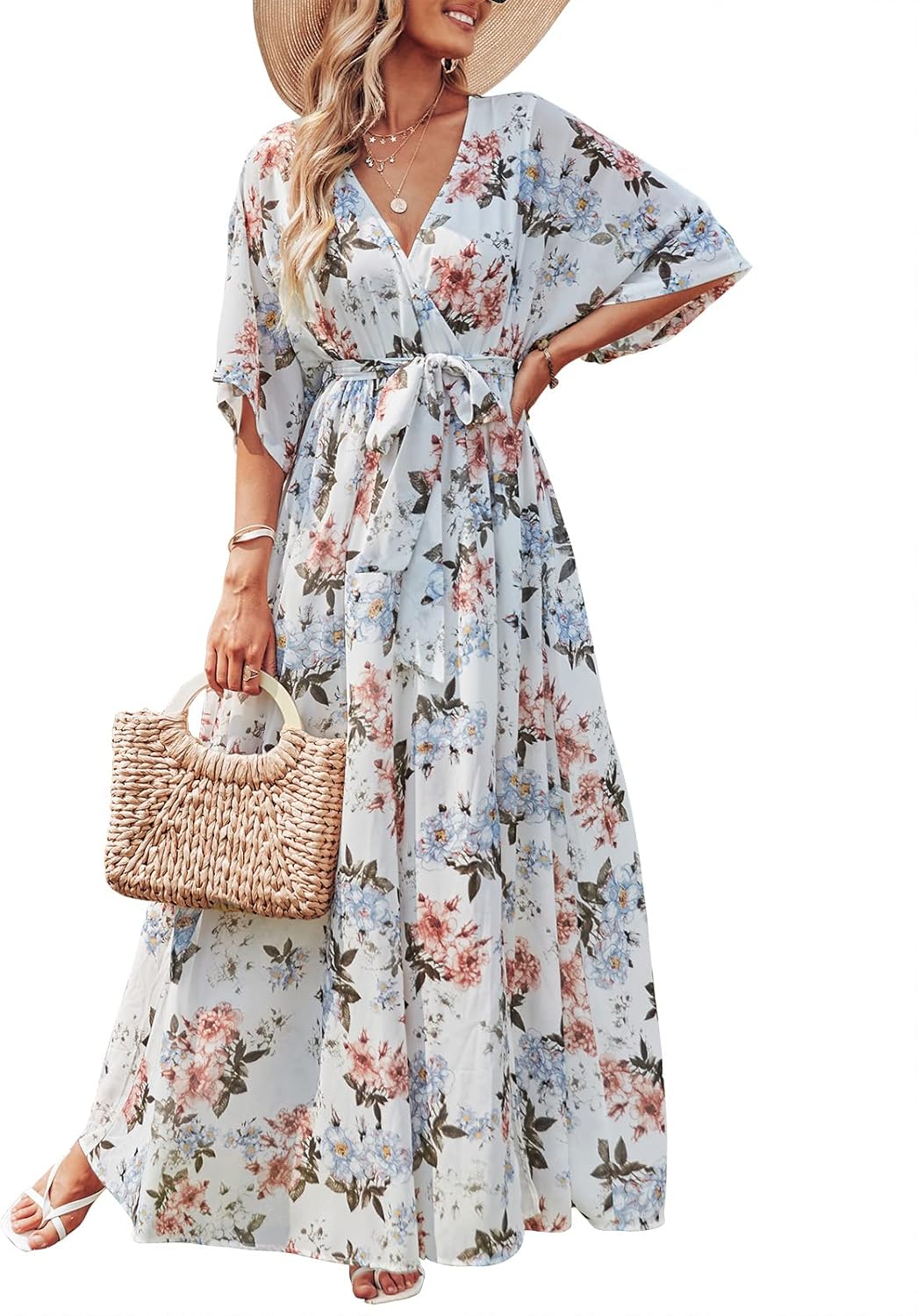 Rodelyn Damen Maxikleid – V-Ausschnitt Wickeloptik, 3/4-Arm Kimono & Eleganter Boho-Schlitz