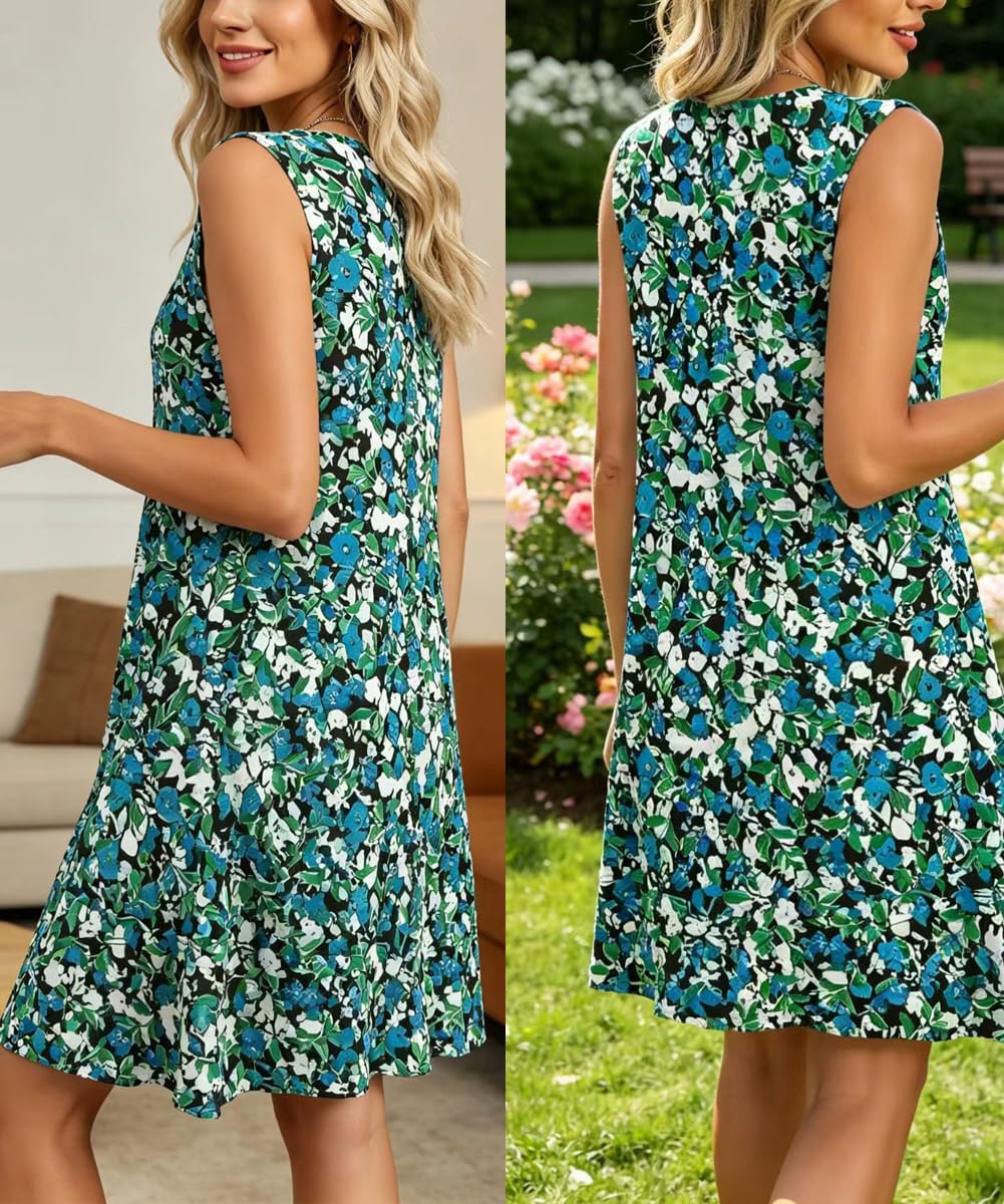 Élise Robe Midi Femme – Robe Fleurie Sans Manches Col Rond Avec Poches Été