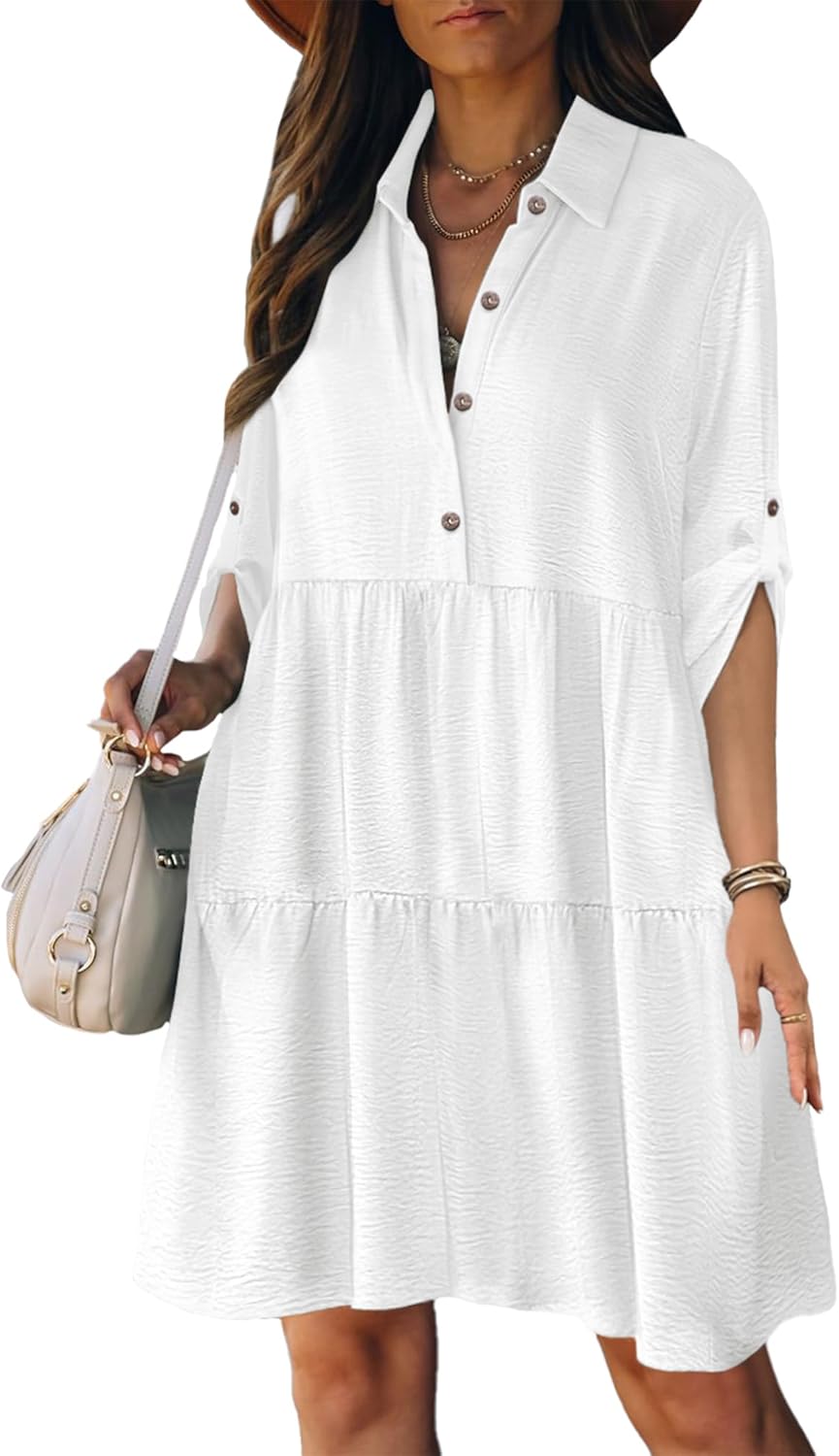 Léa Robe Chemise Femme – Robe A-Line à Volants Boutonnée Manches 3/4 Été