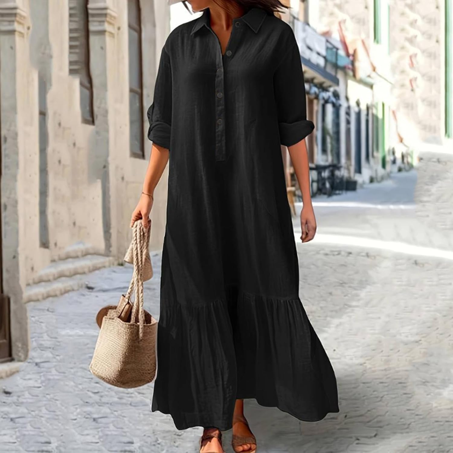 Élina Robe Longue Femme en Coton et Lin – Robe Chemise Ample à Ourlet Asymétrique