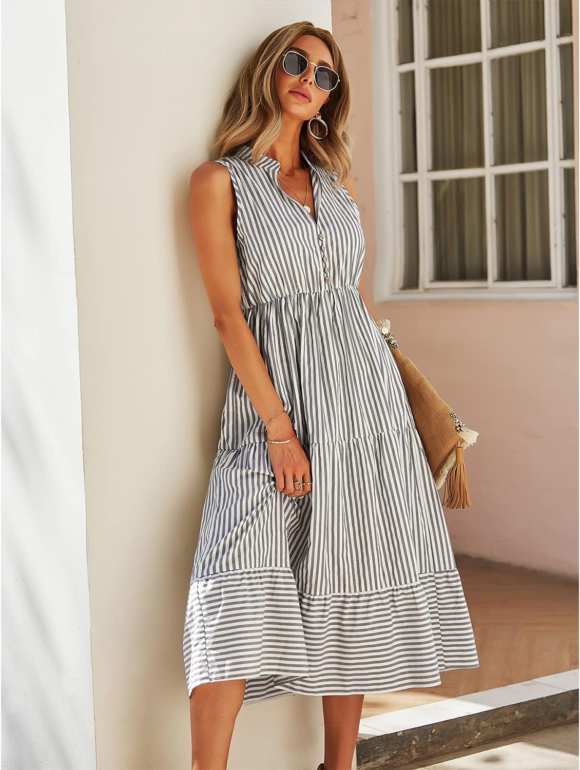 Claire Robe Chemise Midi Femme – Robe Rayée Sans Manches Col V Boutonnée Élégante