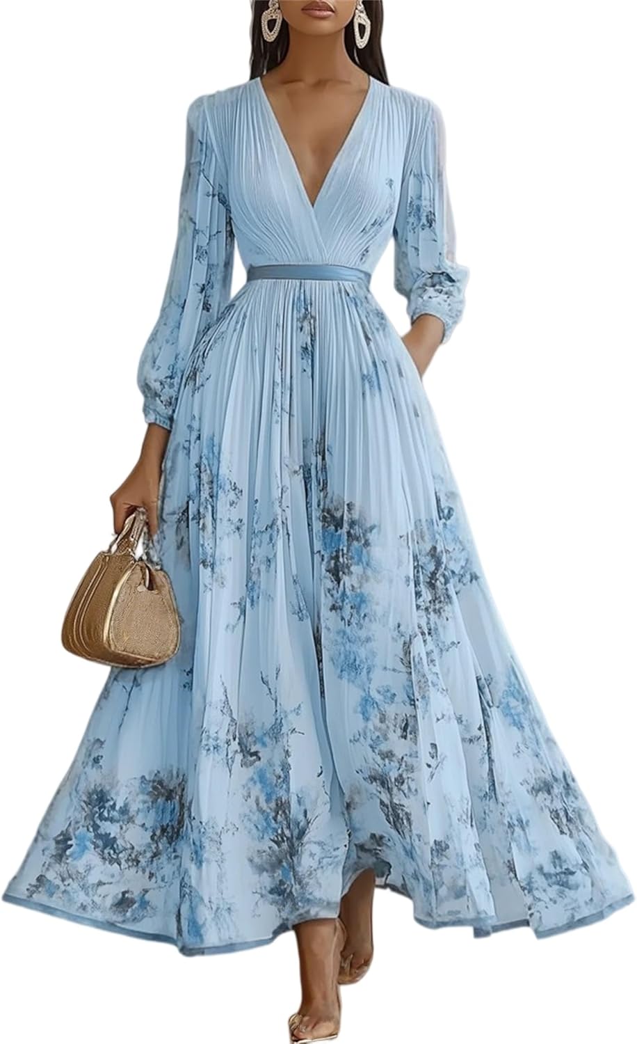 Rochie Amélie pentru femei – Rochie maxi cu flori, decolteu în V, cu centură, boemă, elegantă, pentru nuntă