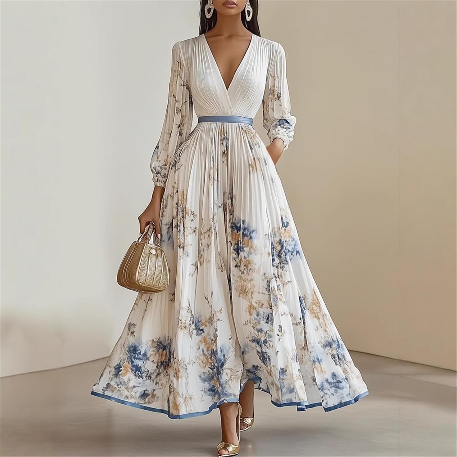 Rochie Amélie pentru femei – Rochie maxi cu flori, decolteu în V, cu centură, boemă, elegantă, pentru nuntă