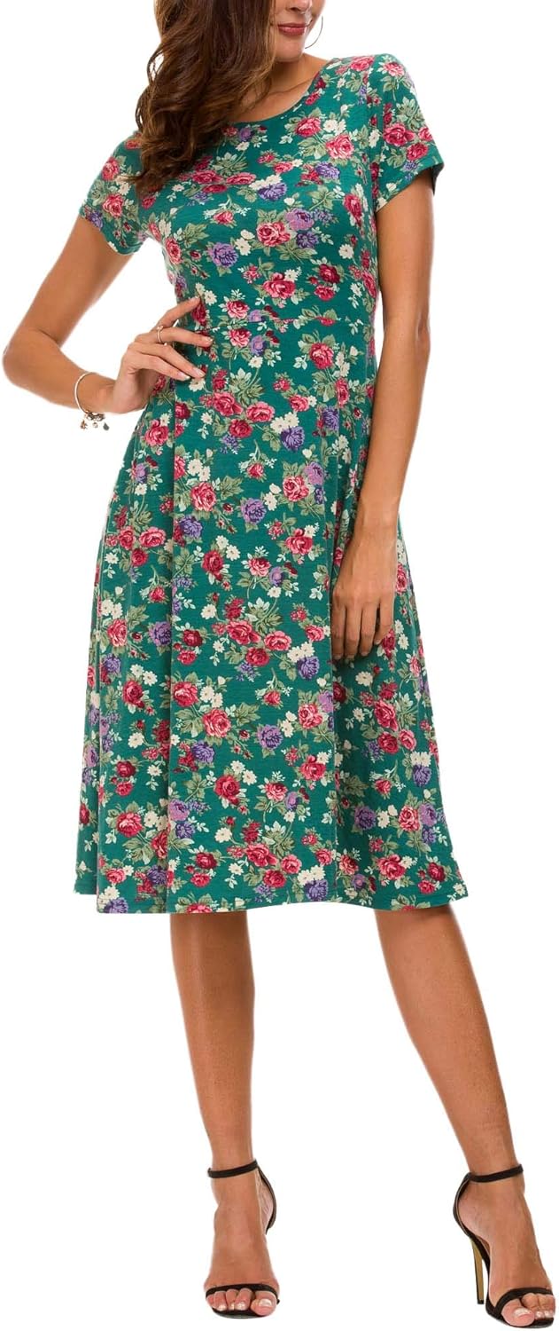 Léonie Robe Midi Fleurie Femme – Robe Évasée Manches Courtes Col Rond Été