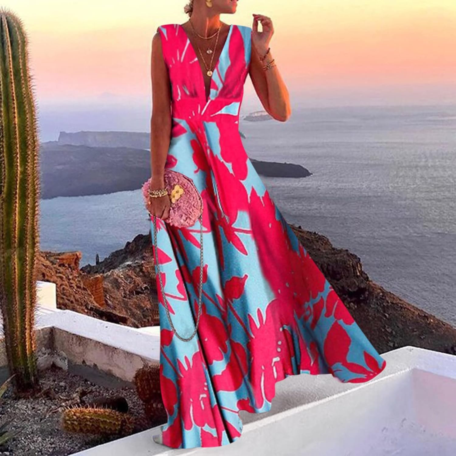 Maya Robe Longue Bohème Femme – Robe Sans Manches à Col V Zippé et Imprimé Élégant