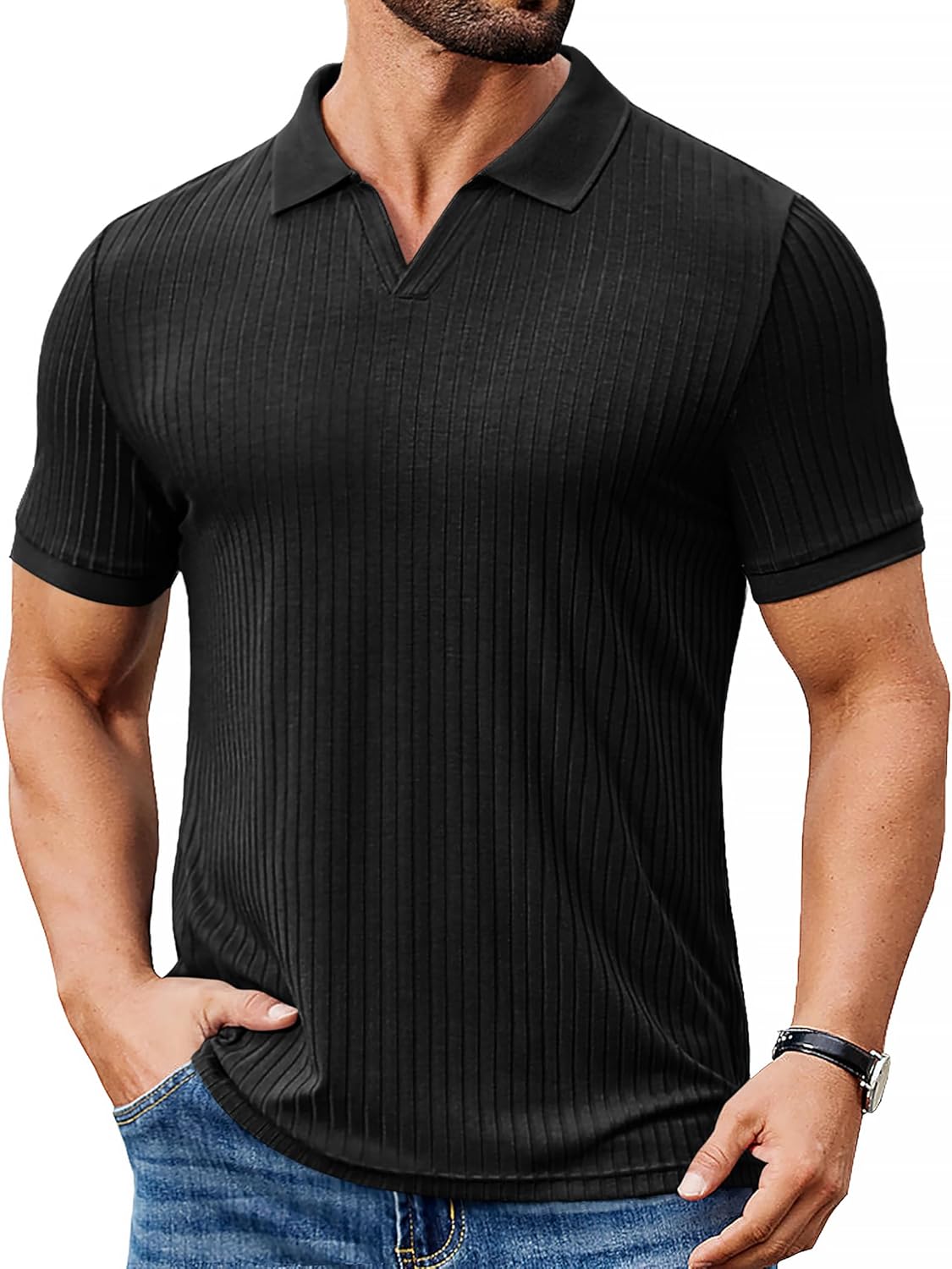 Alex Polo Homme – Polo Côtelé Col V Slim Fit, Léger & Style Été Moderne