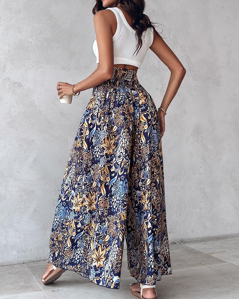 Pantalón lila para mujer – Palazzo floral con cintura smockeada ancha y bolsillos para verano