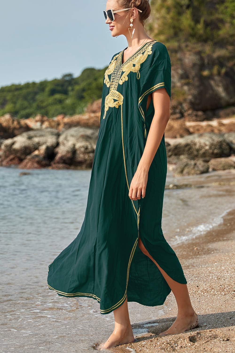 Solea Kaftan-kjole til kvinder – Broderet boheme strandkjole, let og luftig, stor størrelse, sommer cover-up