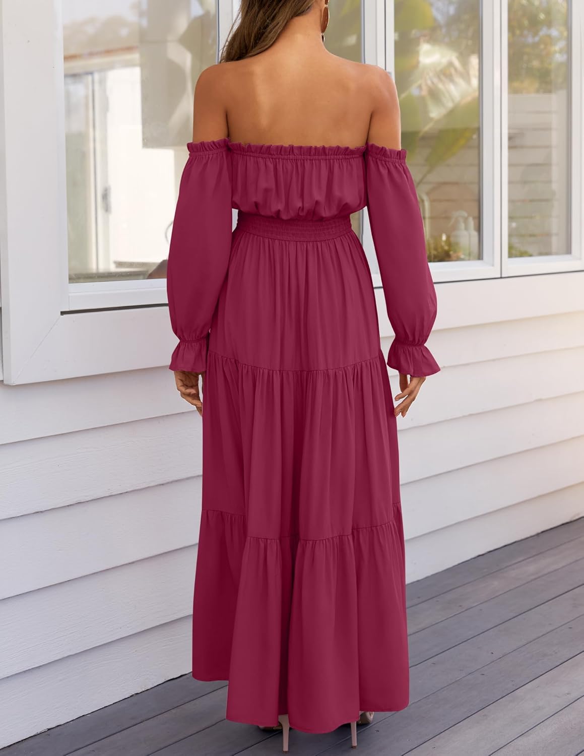 Sophie Robe Maxi Femme – Robe Bohème Épaules Dénudées Fendue Taille Smockée