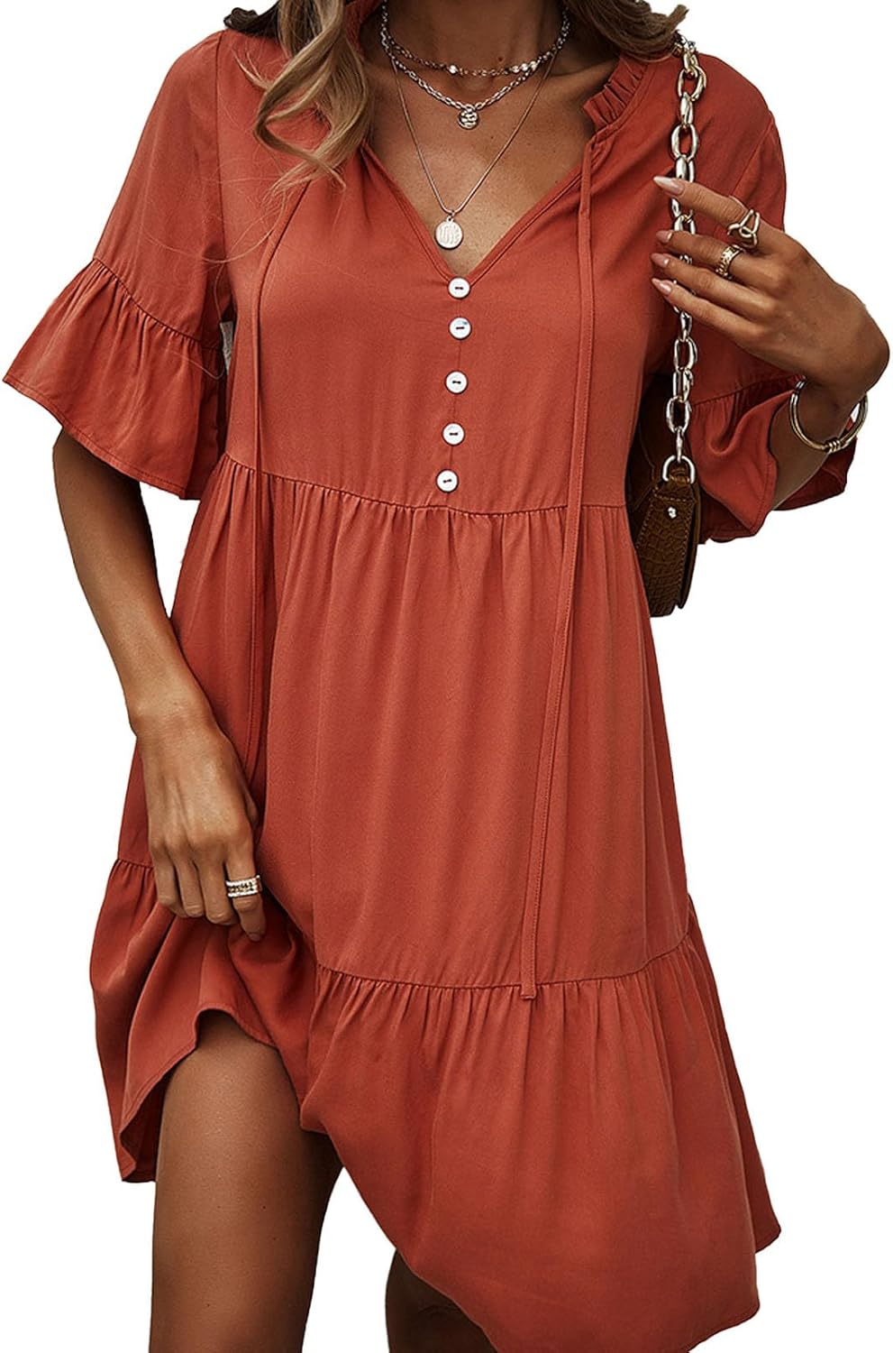 Rochie Léa pentru femei – Rochie mini cu volane, decolteu în V cu nod, mâneci scurte, elegantă, de vară