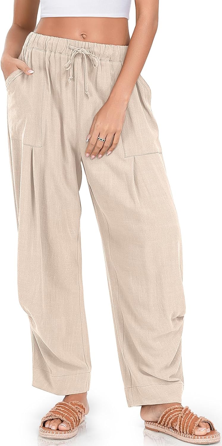 Mercedes Pantalon Femme Lin Harem – Coupe Large, Taille Élastique, Style Décontracté