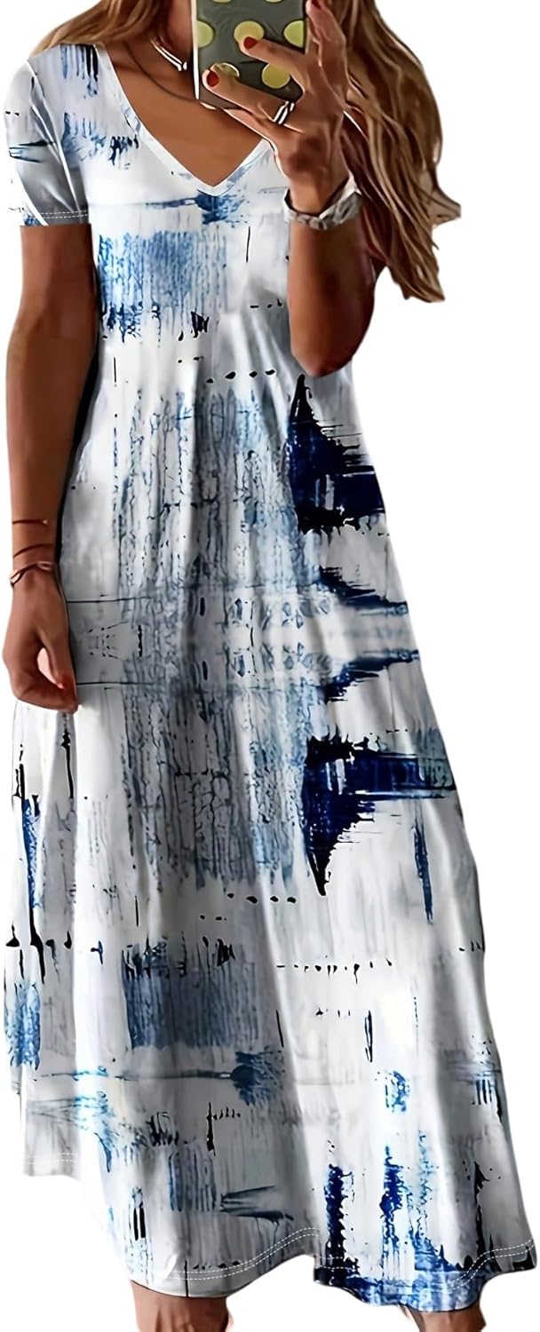 Maya Maxi Dress Plus Size – Summer Dress V-Neck Tie-Dye Flowing Short Sleeves