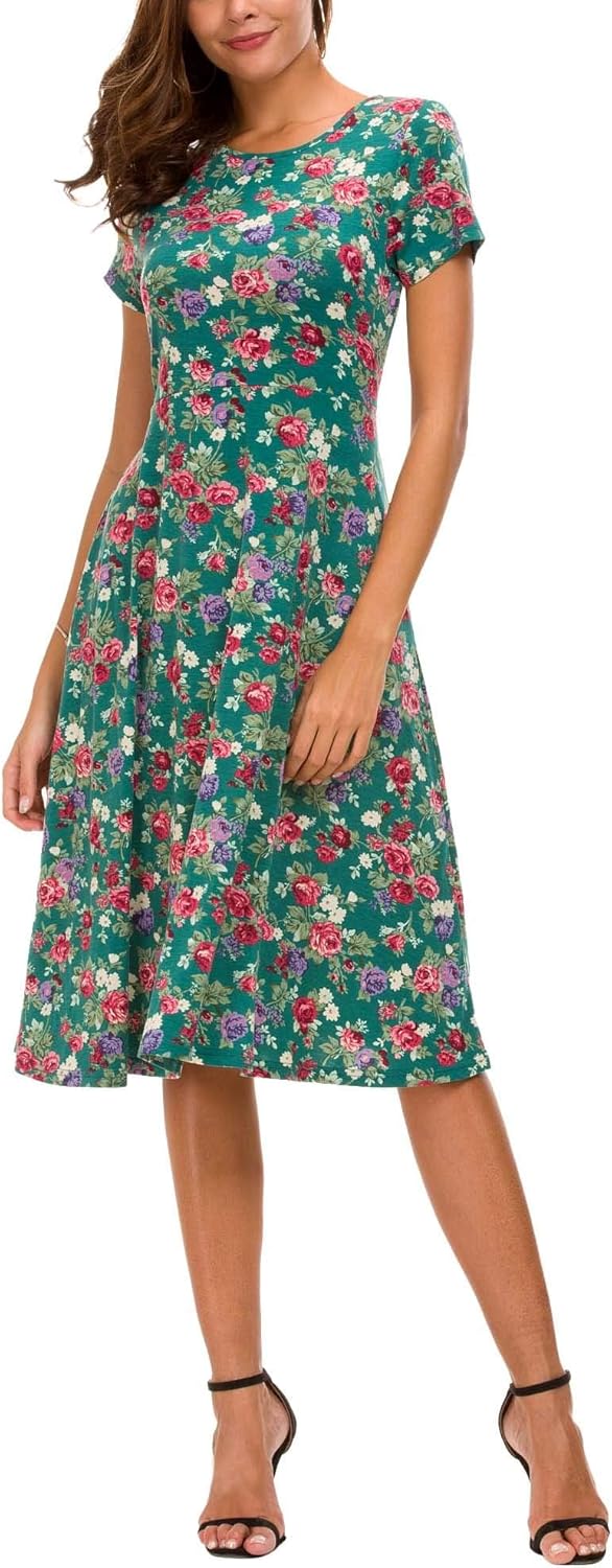 Léonie Robe Midi Fleurie Femme – Robe Évasée Manches Courtes Col Rond Été