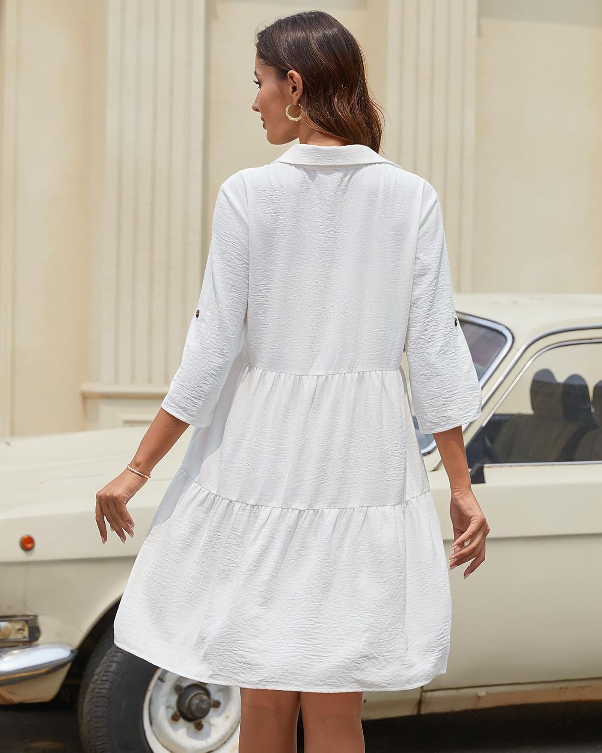 Léa Robe Chemise Femme – Robe A-Line à Volants Boutonnée Manches 3/4 Été