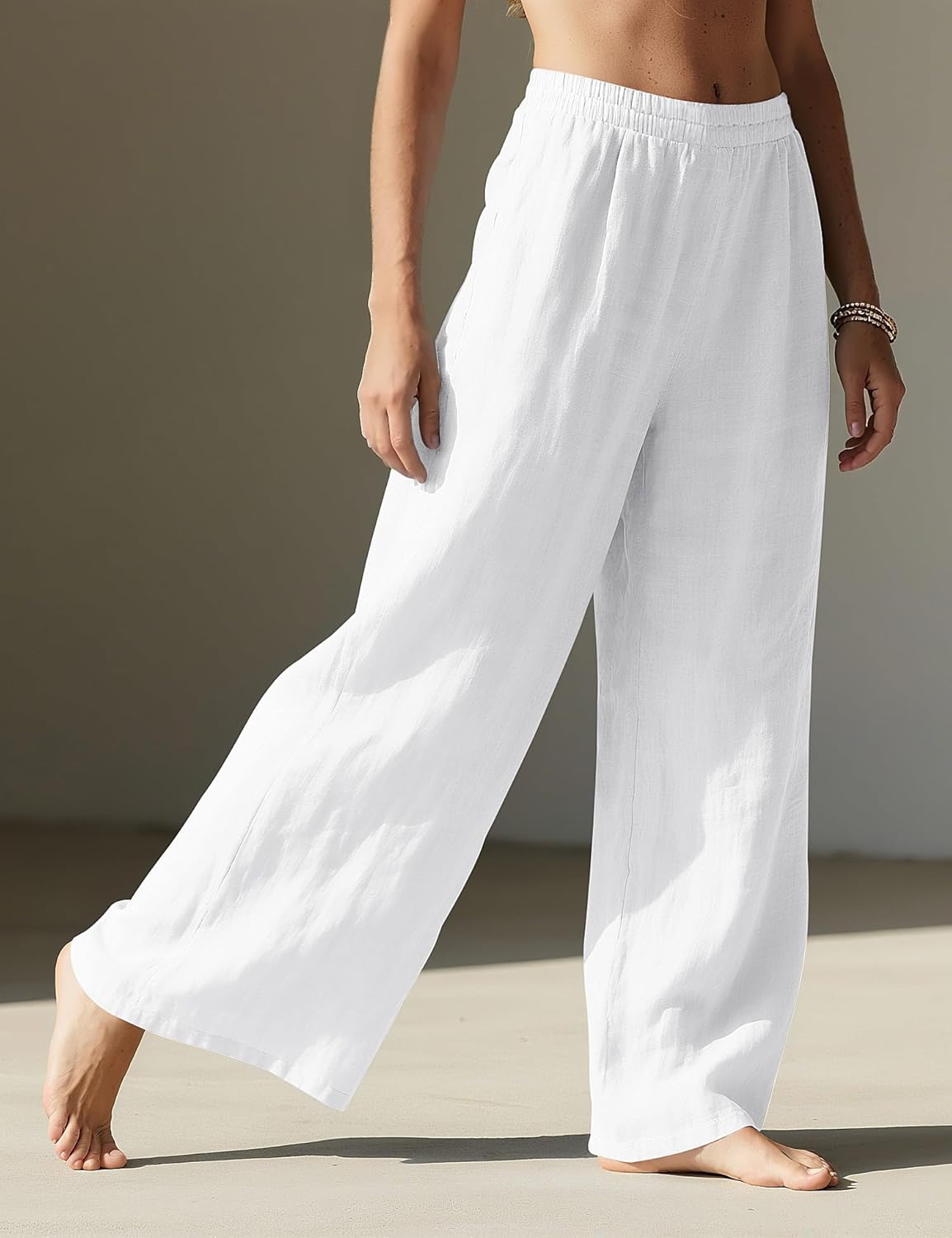 Linda Pantalón Mujer – Pantalón Palazzo de Lino con Cintura Elástica y Bolsillos Verano