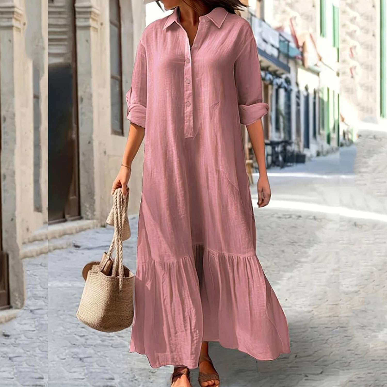 Élina Robe Longue Femme en Coton et Lin – Robe Chemise Ample à Ourlet Asymétrique