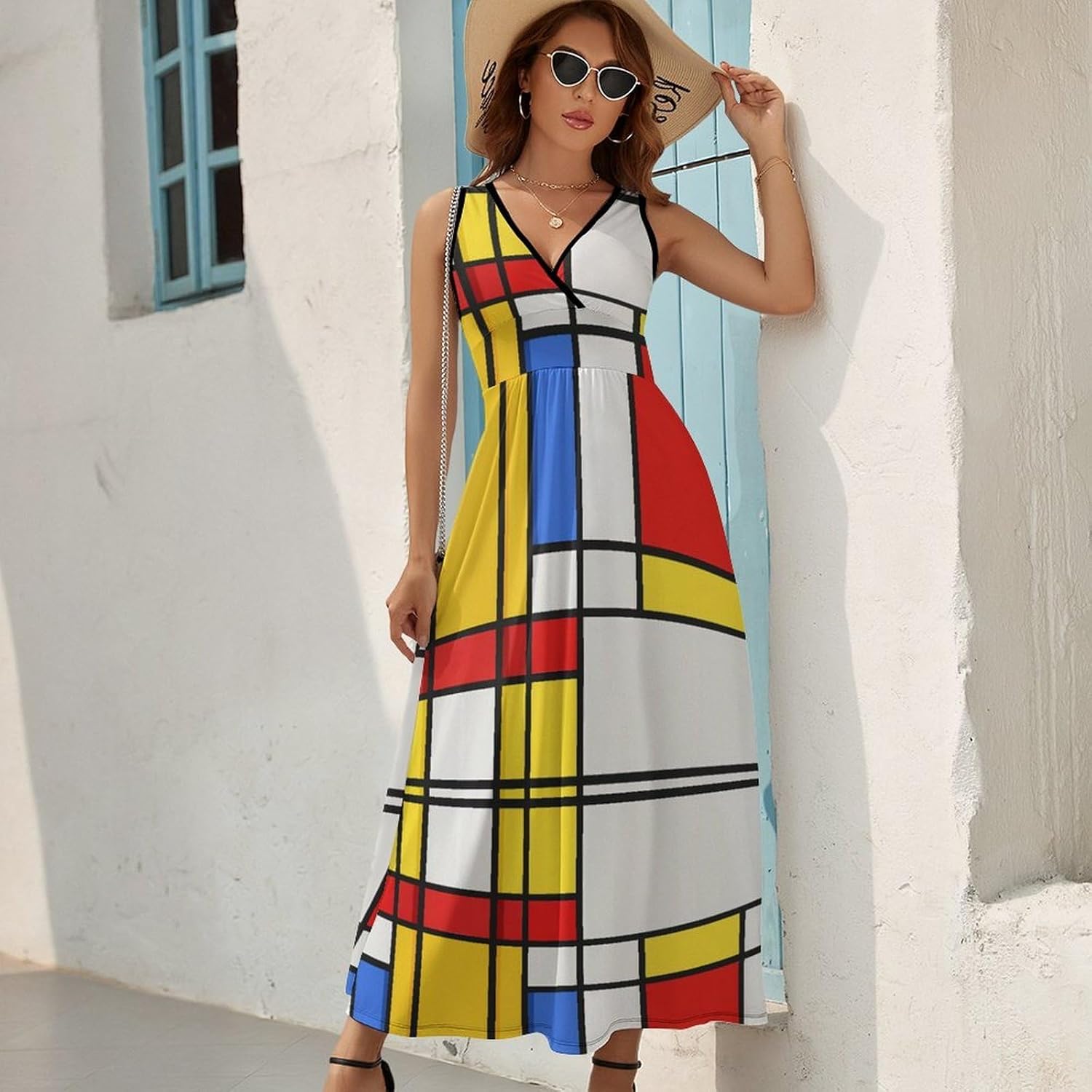Vestito Lena Donna – Vestito Maxi Scollo a V Senza Maniche Vita Alta Motivo Moderno Estate