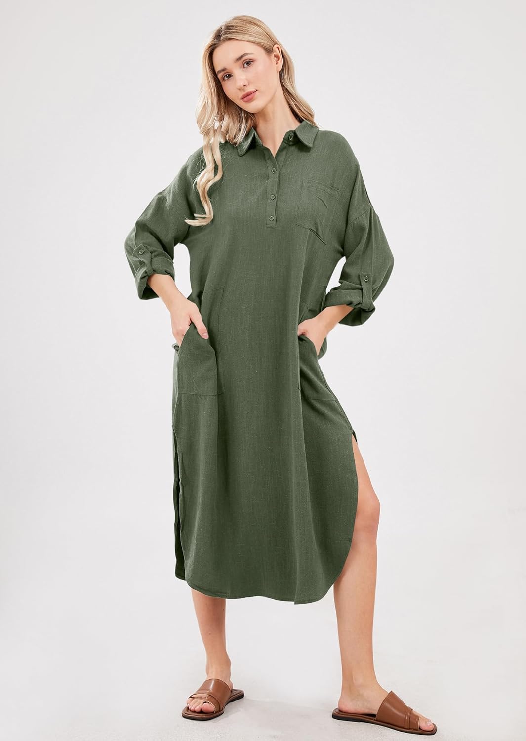 Emma Robe Chemise Longue Femme – Robe Lin Coton Boutonnée Fendue Avec Poches