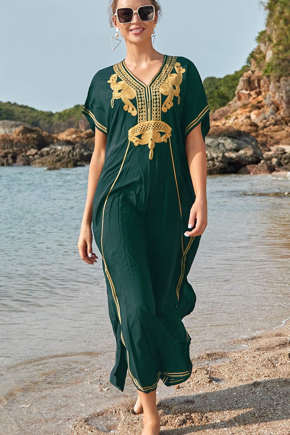 Solea Kaftan-kjole til kvinder – Broderet boheme strandkjole, let og luftig, stor størrelse, sommer cover-up