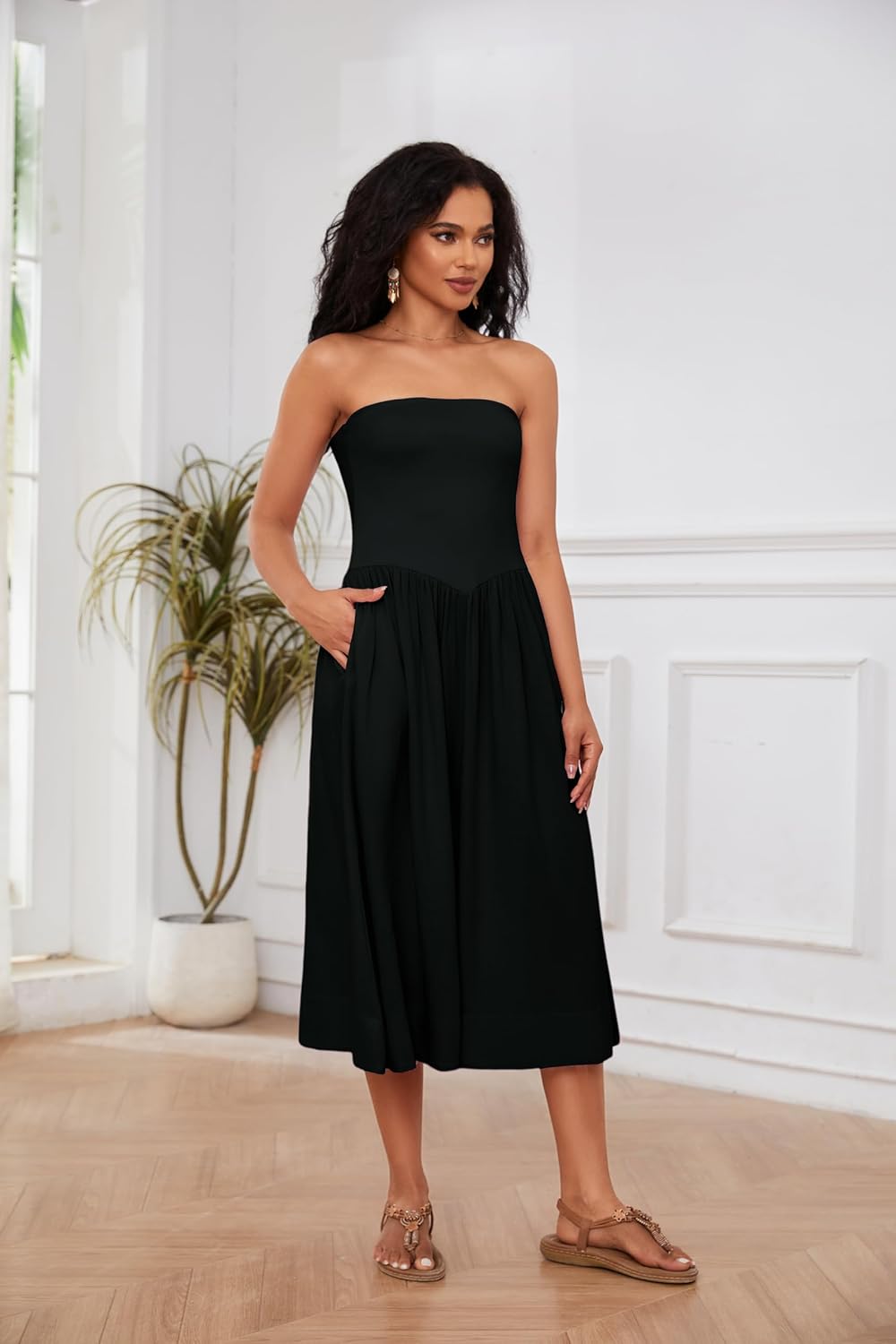 Lina Robe Midi Femme – Robe Bustier Sans Manches Taille Basse A-Line Été Chic