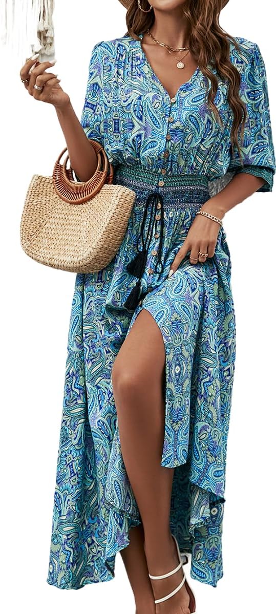 Liezl Robe Femme Bohème Fleurie – Col V Cache-Cœur, Midi Fluide, Manches 3/4