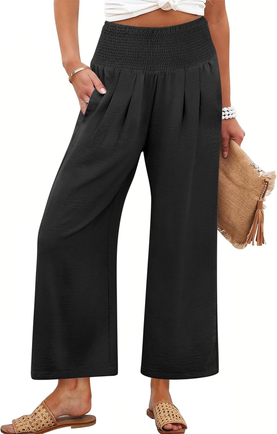 Roxanne Hose Damen – Weite Palazzo-Hose Hohe Taille Fließend & Taschen Sommer