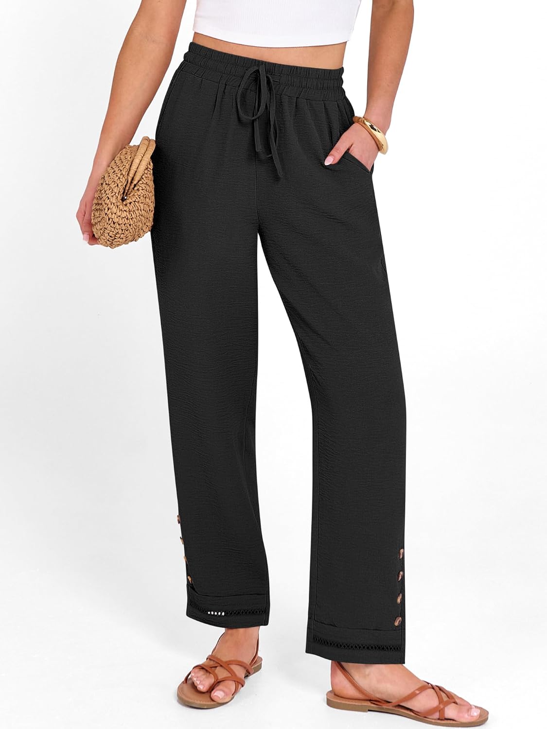 Cianne Pantalon Femme Capri – Coupe Fluide, Taille Élastique Cordon, Casual Été Chic