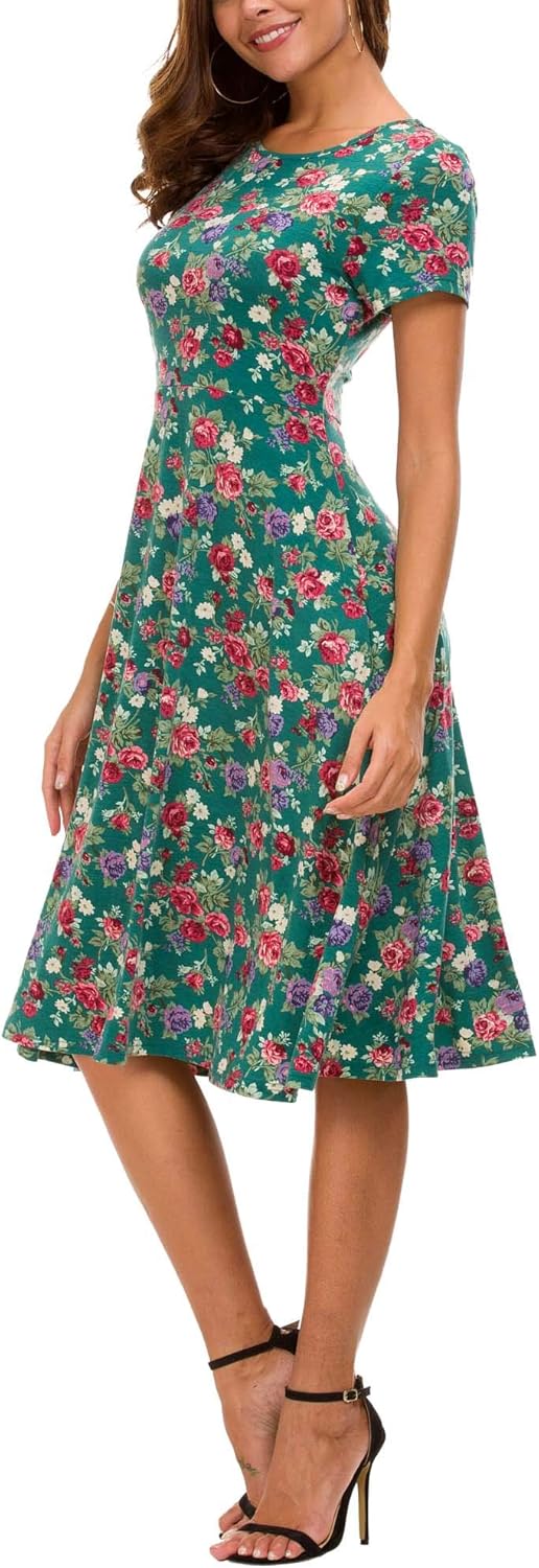 Léonie Robe Midi Fleurie Femme – Robe Évasée Manches Courtes Col Rond Été