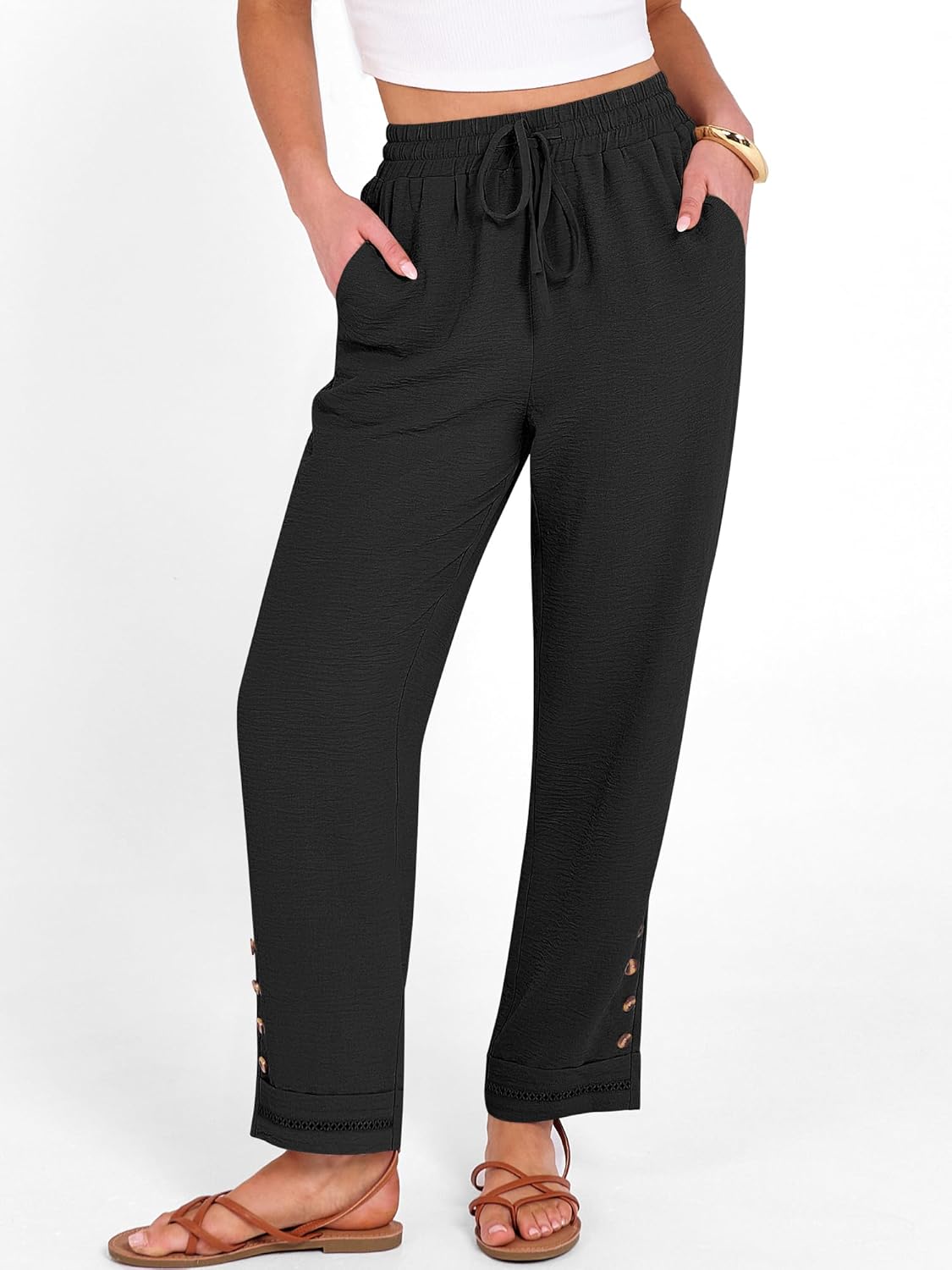 Cianne Pantalon Femme Capri – Coupe Fluide, Taille Élastique Cordon, Casual Été Chic